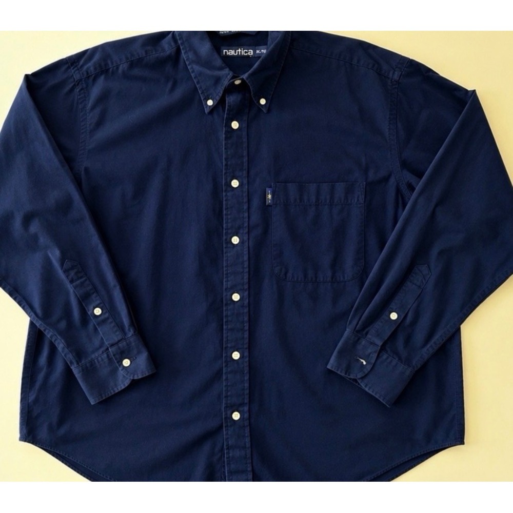 Nautica Mens XL Navy Blue Cotton Long Sleeve Button Down Shirt Pocket Solid